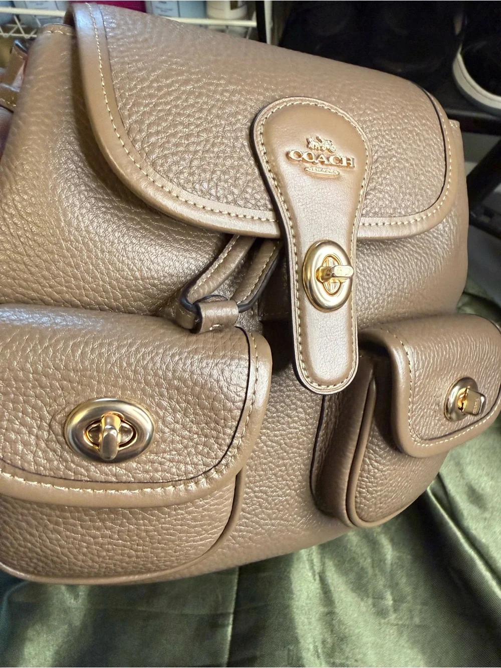 Coach Taupe Pebble Leather Mini Backpack with Gold Hardware